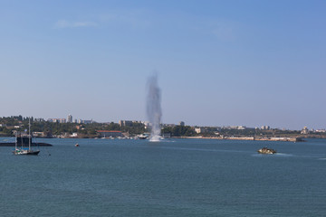 Water column from the explosion at an exhibition performance on Navy Day in Sevastopol Bay, Crimea