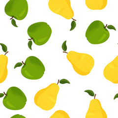 Fresh yellow pear and green apple seamless pattern. Bright summer background.