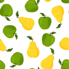 Fresh yellow pear and green apple seamless pattern. Bright summer background.