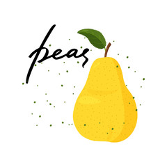 Fresh yellow pear with green leaf and handwritten title. Pear fruit isolated on a white background.