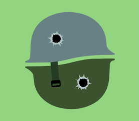 Anti-War symbol with two soldier's steel helmets with shot holes arranged as a Yin-Yang symbol