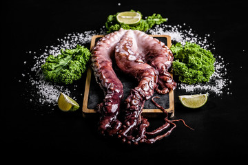 Delicious seafood. Purple octopus tentacles with greens on black background. Horisontal shot. Close-up.