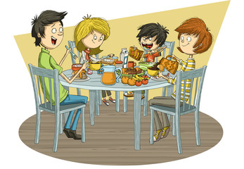 Cartoon family having breakfast. Table with food.