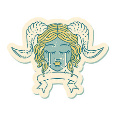 crying tiefling character face with scroll banner illustration