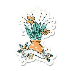 grunge sticker of tattoo style flowers in vase