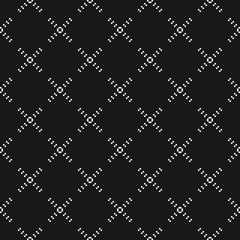 Vector minimalist geometric seamless pattern with small crosses, squares, delicate grid, net, grill. Simple black and white minimal texture. Pixel art background. Dark monochrome repeatable design
