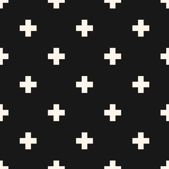 Fototapeta na wymiar Vector minimalist geometric seamless pattern. Simple black and white texture with crosses, squares, small flower shapes. Minimal pixel art background. Subtle dark monochrome repeatable design
