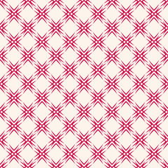 Vector geometric seamless pattern. Elegant Christmas background. Red and white texture with snowflakes, crosses, floral silhouettes, grid, net. Winter holiday ornament. Traditional Scandinavian motif