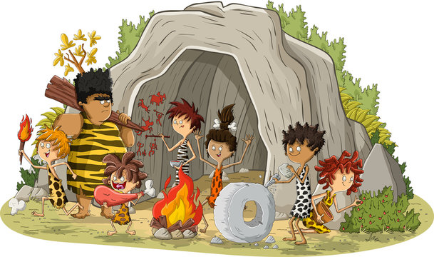 Group of cartoon cavemen in front of a cave. Stone age people.

