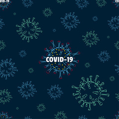 Seamless Pattern of Corona Virus Disease COVID-19, global spread dangerous corona virus pandemic on dark background.