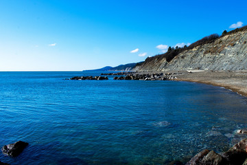 Beautiful blue sea . Sea and sky. Calm seascape with clouds on the  sky.  
Holidays at sea. Black Sea, Arkhipo-Osipovka, Russia.