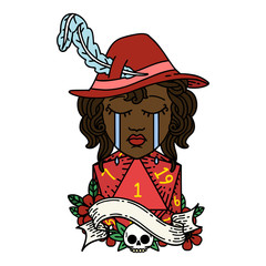 crying human druid character with natural one D20 roll illustration