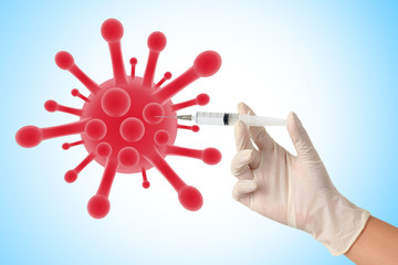 A doctor holding a syringe to treat coronavirus (COVID-19). Graphic combination of ideas