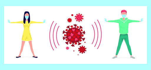Social distance illustration with with a man and a woman keeping social distance avoiding viruses