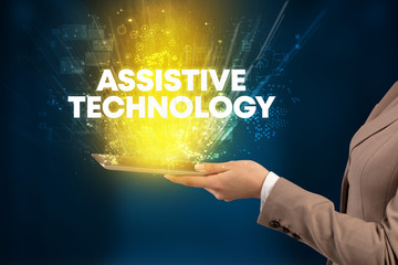 Close-up of a touchscreen with ASSISTIVE TECHNOLOGY inscription, innovative technology concept