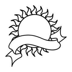 black linework tattoo with banner of a sun