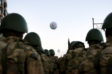 Back view of Turkish soldiers on the day of Republic Turkey and a balloon with crescent and star shape which is a Turkish flag symbol.