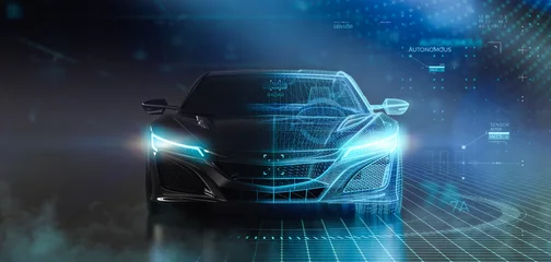 Foto op Canvas Futuristic sports car wireframe intersection with custom LED lights (3D Illustration) © Open Studio