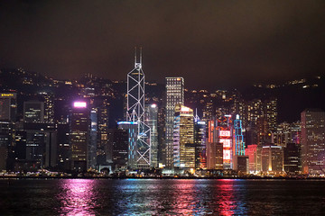 hong kong skyline at night of Hong kong island, Victoria Harbour, Tsim Sha Tsui