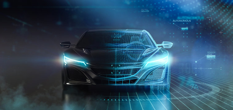 Futuristic sports car wireframe intersection with custom LED lights (3D Illustration) © Open Studio