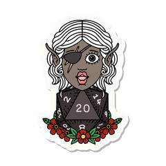 elf rogue character with natural twenty dice roll sticker