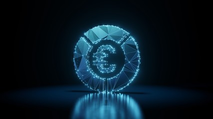 3d rendering wireframe neon glowing symbol of pie chart  on black background with reflection