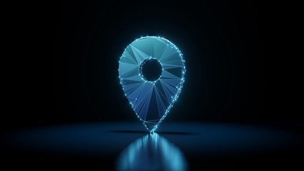 3d rendering wireframe neon glowing symbol of placeholder on black background with reflection