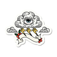 tattoo sticker with banner of an all seeing eye cloud