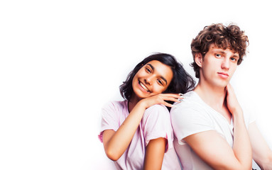 Fototapeta premium best friends teenage girl and boy together having fun, posing emotional on white background, couple happy smiling, lifestyle people concept, blond and brunette multi nations