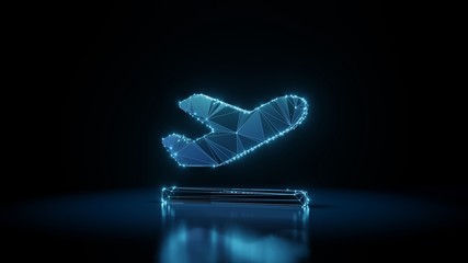 Obraz premium 3d rendering wireframe neon glowing symbol of plane departure on black background with reflection