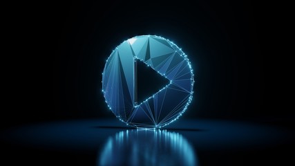 3d rendering wireframe neon glowing symbol of play button  on black background with reflection
