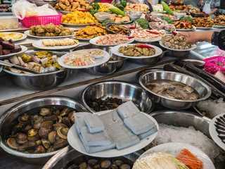 Ingredients and meat in chinese restaurant at lufeng city guangdong province China.