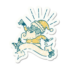 grunge sticker of tattoo style santa claus christmas character celebrating