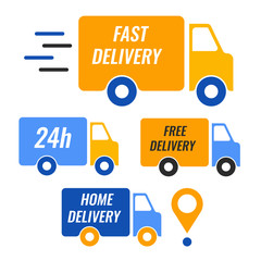 Set of delivery icons. Fast delivery, free delivery, 24 hours, truck. Vector illustration