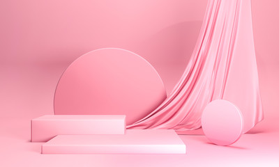 Round podium on pink pastel background. Elegant red silk fabric flow, falls to surface. 3d render illustration. Empty pedestal, stand for mockup products. Copy space on delicate luxurious satin 