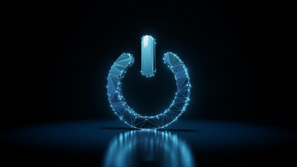 3d rendering wireframe neon glowing symbol of power on black background with reflection