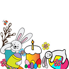 Collection of happy easter rabbit in different poses with an egg