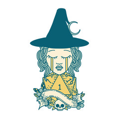 crying human witch with natural D20 roll illustration