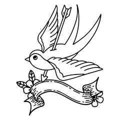black linework tattoo with banner of a swallow