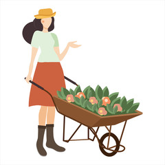 Woman gardener with a cart and flowers. Female character in a garden growing plants.