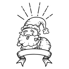 banner with black line work tattoo style santa claus christmas character with sack