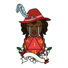 crying human bard with natural 1 D20 roll illustration