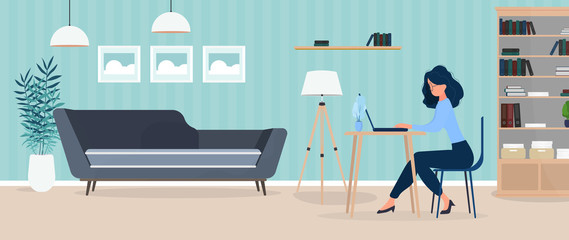 Girl works at a laptop in a stylish office. A study, a computer, a sofa, a wardrobe, a bookcase with books, paintings on the wall. Work at home. Vector.