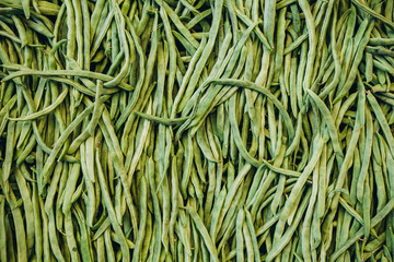 pods of beans, photo from above, concept of fresh organic vegetables from the vegetable garden