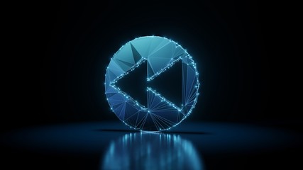 3d rendering wireframe neon glowing symbol of rewind  on black background with reflection