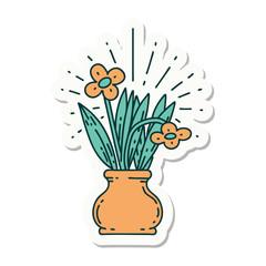 sticker of tattoo style flowers in vase