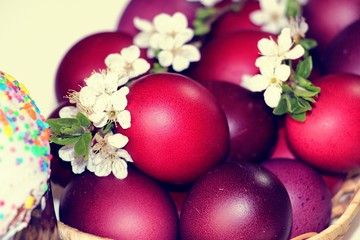 Painted red and purple eggs for Easter.
