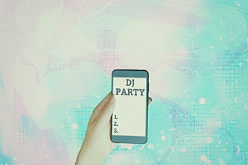 Text sign showing Dj Party. Business photo showcasing demonstrating who introduces and plays...