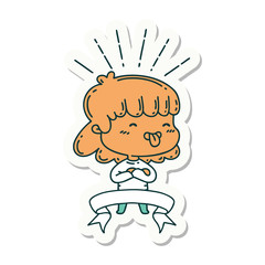 sticker of tattoo style girl sticking out tongue