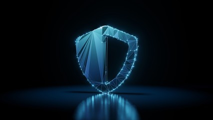 3d rendering wireframe neon glowing symbol of shield  on black background with reflection